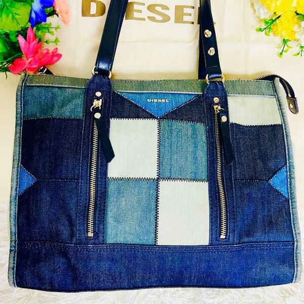 デニム●DIESEL●ディーゼル●トートバッグ●A4サイズ●パッチワーク●肩がけ●ショルダーバッグ●メンズ●レディース●ブルー