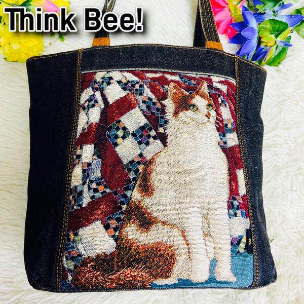 デニム●Think Bee!●シンクビー ●トートバッグ●肩がけ●A4サイズ●猫●ネコ●アニマル●インディゴ●DENIM●