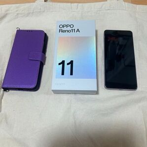 (新品同様品)女性購入品OPPO Reno11A SIMフリー パープル色 中古 手帳型スマホケース ブルー(ストラップ有)