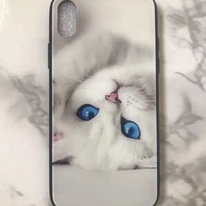 iPhone X/Xs 白猫 可愛いねこちゃん♪薄型背面9Hガラスケース