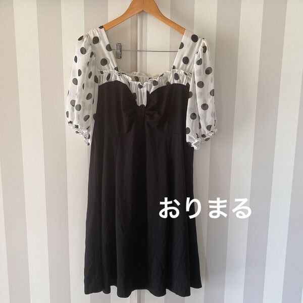 韓国服 大きいサイズ 春 夏 オフショル シースルー 水玉 ドット柄 胸元 リボン ワンピース