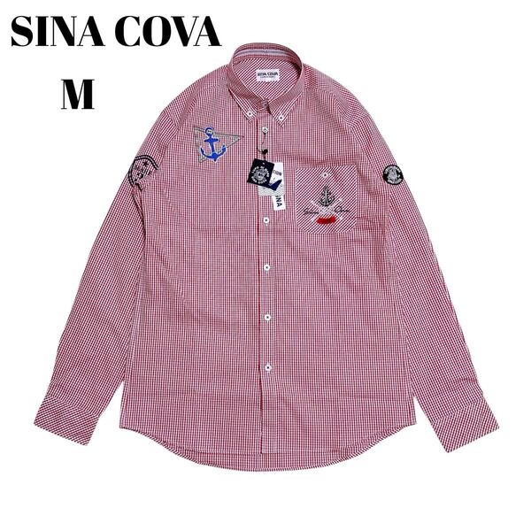 ★新品タグ付き SINACOVA ボタンダウンシャツ 長袖 チェック柄 刺繍 シナコバ M レッド 定価30,000円