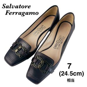 サルヴァトーレフェラガモ Salvatore Ferragamo パンプス スクエアトゥ ローヒール ダブルガンチーニ サイズ7