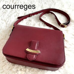 クレージュ courreges ショルダーバッグ 斜め掛け ゴールド金具 ロゴ刻印 レッド 赤 レザー