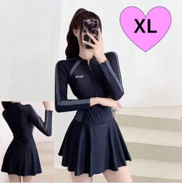 水着 XL フィットネス ワンピース 長袖 体型カバー 黒 スポーティ プール スイムウェア コスプレ