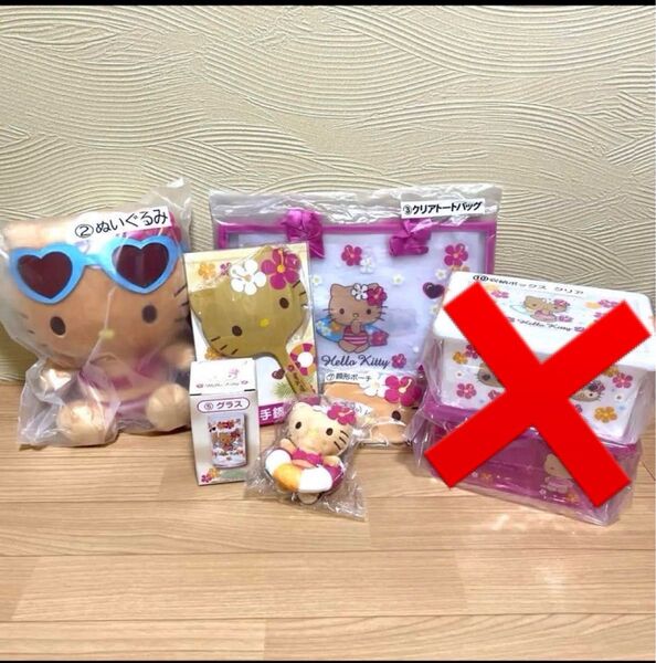 ハローキティ当たりくじ 日焼けキティ ぬいぐるみ 手鏡 ポーチ クリアトートバッグ