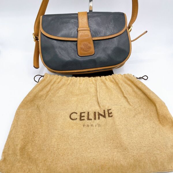 オールド セリーヌ フラップ ショルダーバッグ 黒 茶色 CELINE レザー ハンドバッグ