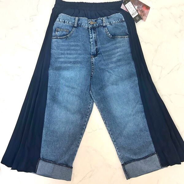 【タグ付き】ABITOKYO アビトーキョー 18年 ガウチョ サイドプリーツデニムパンツ ネイビー デニム パンツ