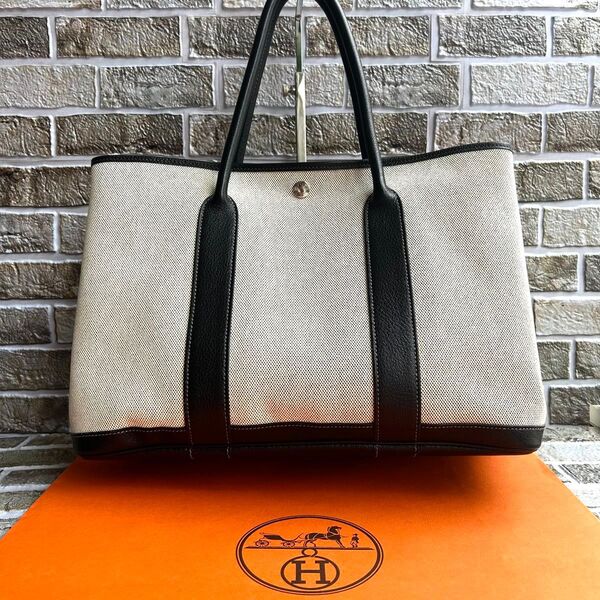 【極美品】エルメス ガーデンパーティPM ベージュ ブラック □J刻印 トワルアッシュ トートバッグ HERMES