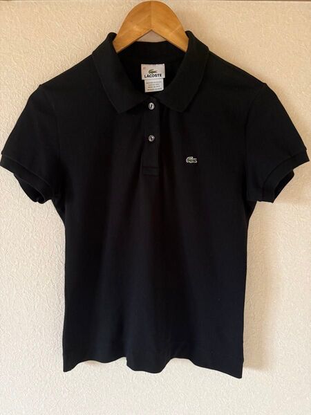 【美品】LACOSTE ラコステ 黒ポロシャツ レディースL ワニロゴ 定番 人気カラー