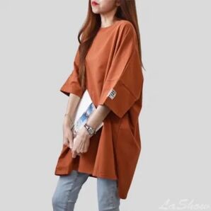 新品 レディース ロング丈 Tシャツ トップス ゆったり シンプル 無地 オレンジ