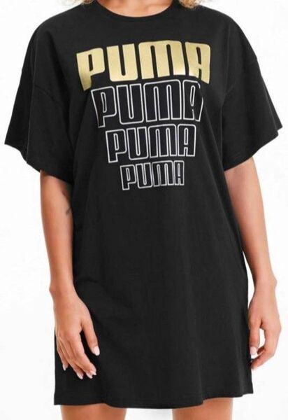 PUMA ゴールドロゴ オーバーサイズ 半袖 Tシャツワンピース 黒 レディース 女性用 プーマ 金色