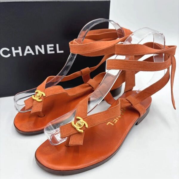 CHANEL シャネル ココマーク レースアップ スエードサンダル 表記35 約22㎝ オレンジ