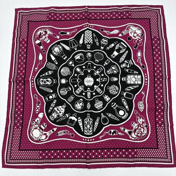 HERMESエルメス スカーフ カレ55 香水瓶 Les flacons Bandana ワインレッド ブラック ドット シルク