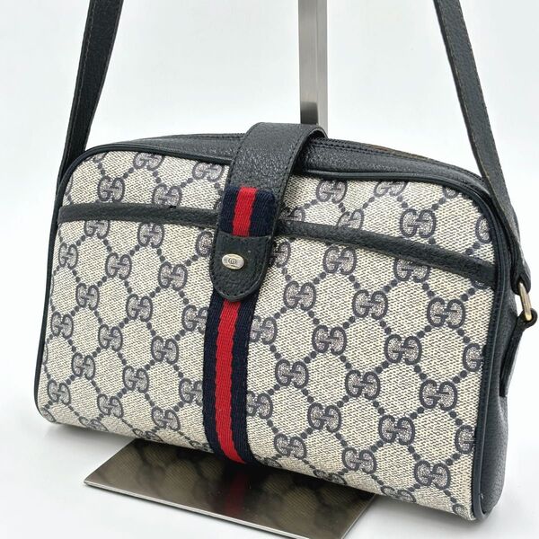 GUCCI オールドグッチ シェリーライン GG レザー×PVC ショルダーバッグ 斜め掛け ネイビー