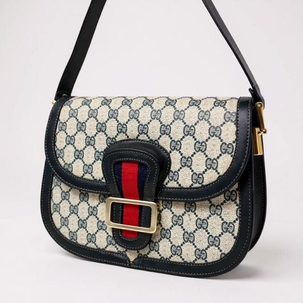 GUCCI オールドグッチ シェリーライン GG レザー×PVC ショルダーバッグ 肩掛け 斜め掛け ネイビー