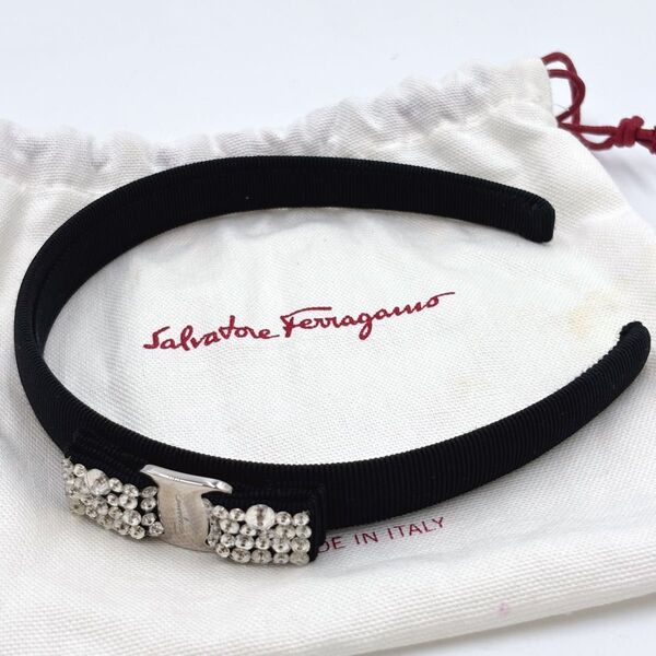 Salvatore Ferragamo フェラガモ ヴァラリボン カチューシャ キャンバス×ラインストーン ヘアアクセサリー