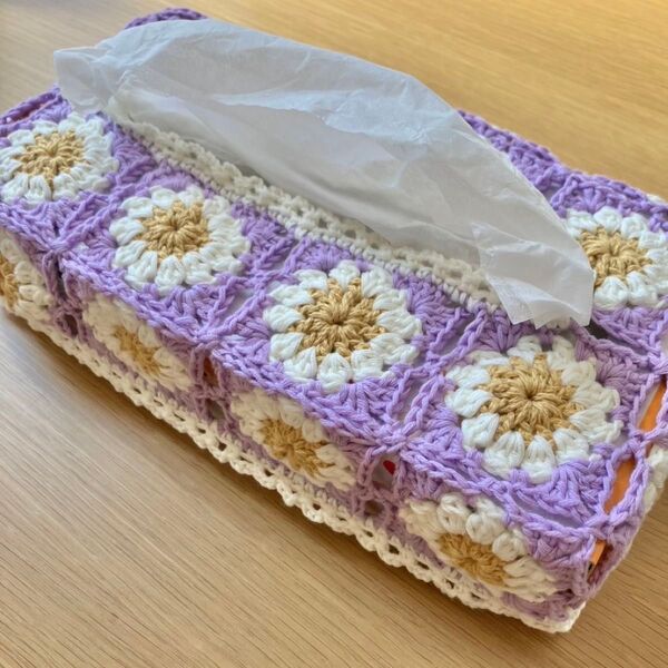 ティッシュカバー お花モチーフ かぎ針編み ハンドメイド