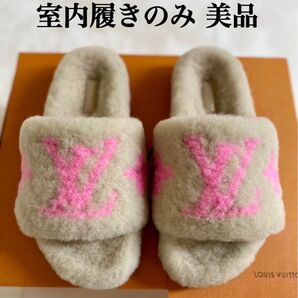 室内履きのみ美品 ルイヴィトン モノグラム ファー フラット ミュール サンダル パセオライン 37 24cm