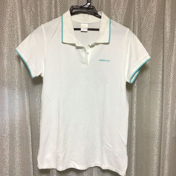 クーポンでお得 adidas neo ポロシャツ ホワイト 水色ふちどり レディース サイズOT (XL, LL ,2L )