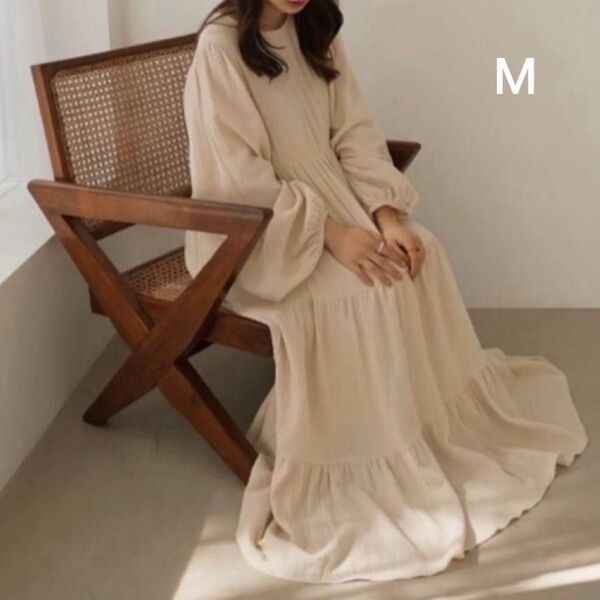 moi tytto モイテュット ティアード ロングワンピース コットンワッフル マキシ丈 Aライン ベージュ ガーゼ M