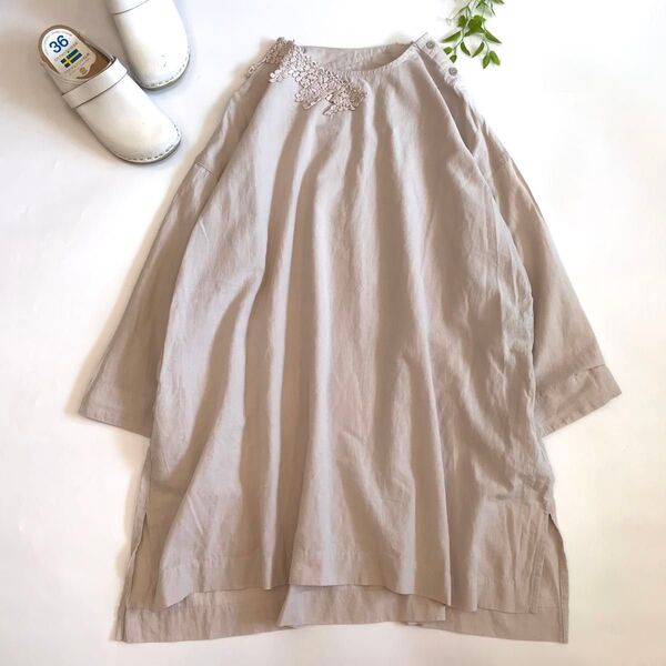 cloudnine クラウドナイン 綿麻 レース チュニックワンピース M~L ライトグレー 刺繍