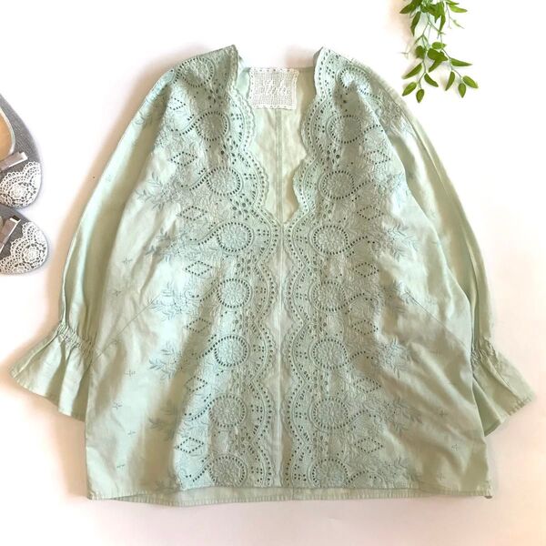 Stola. ストラ レース 刺繍ブラウス 38 ミントグリーン 七分袖