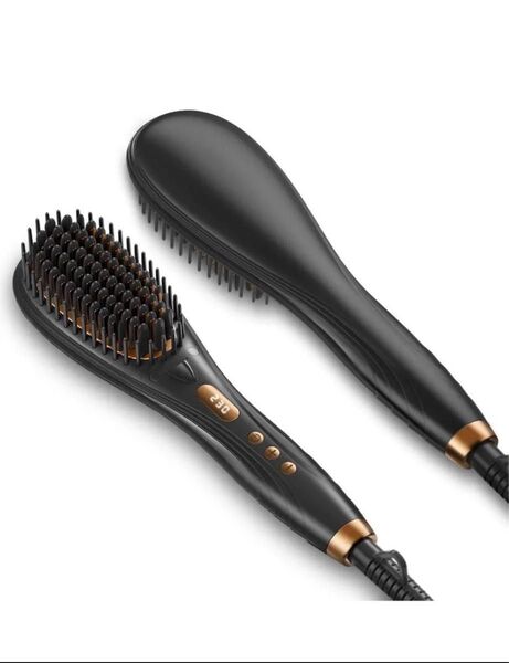 ストレートブラシ ヘアアイロン 【80℃~230℃温度調節&マイナスイオン機能】ブラシアイロン 火傷防止手袋付き LEDデ
