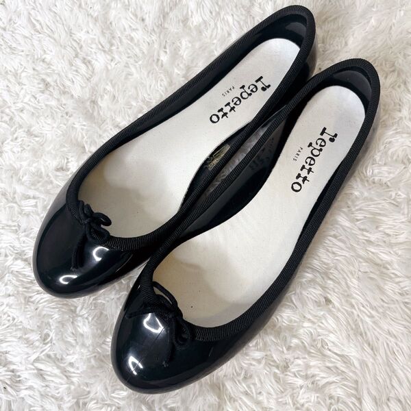 美品 repetto レペット ブラック エナメル パンプス バレエシューズ サンドリオン 黒 ラウンドトゥ フラット 36