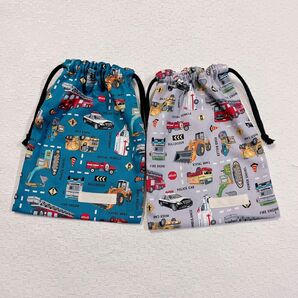 給食袋 巾着 ハンドメイド 男の子 働く車 消防車 救急車 ショベルカー 青 グレー