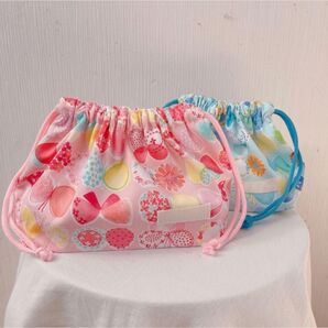お弁当袋 巾着 ハンドメイド 女の子 リボン ちょうちょ ピンク 水色