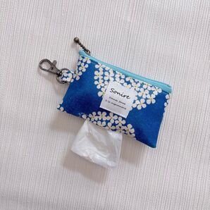 ゴミ袋ポーチ マナー袋ポーチ ハンドメイド 北欧風 花柄 サークルフラワー 青