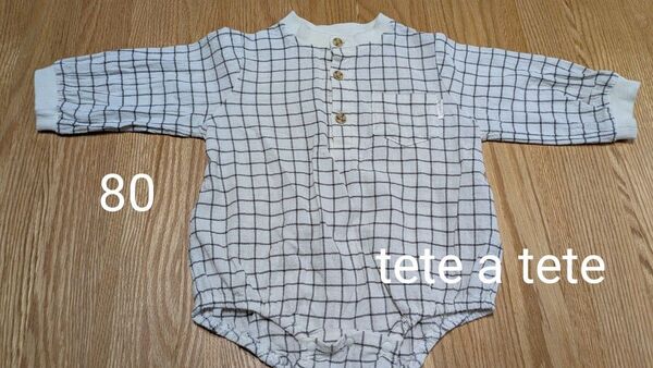 ロンパース tete a tete テータテート長袖 白 チェック柄 80サイズ