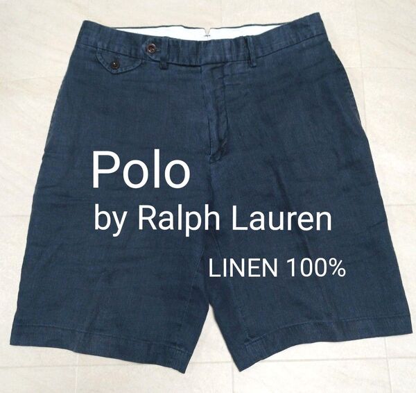 【良品】Polo by Ralph Lauren ポロバイラルフローレン リネン100% ショートパンツ ネイビー