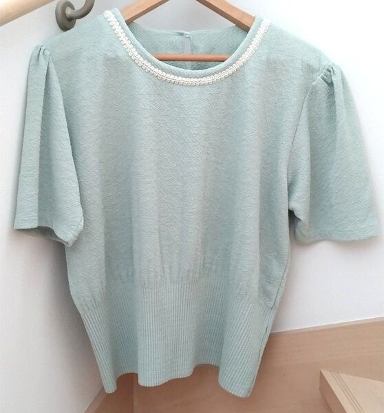 ミントグリーン トップス パフスリーブ ウエストリブ編み 昭和レトロ