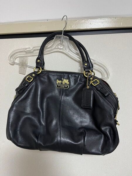 コーチ 黒 革 ハンドバッグ 大きめ ショルダー付き レザー COACH 2way ブラック バッグ