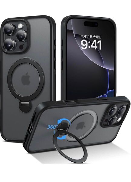 iPhone 16 Pro 用ケース 360°回転スタンド マグネット搭載 MagSafe対応 米軍MIL規格 耐衝撃