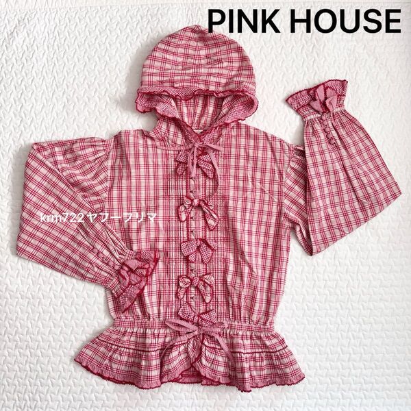 美品 PINK HOUSE ピンクハウス チェック リボン ブラウス ピコフリル 赤 クーポン使用で500円OFF
