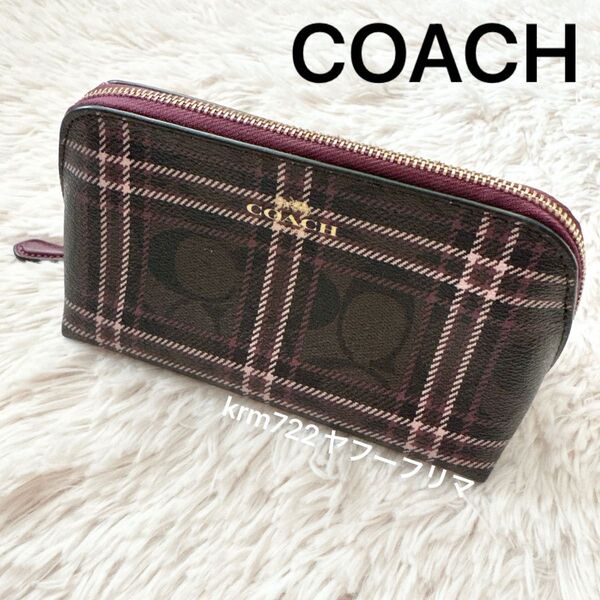COACH コーチ メイクポーチ ポーチ ブラウン ピンク チェック レザー 本革 クーポンで500円OFF