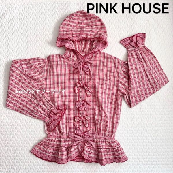 美品 PINK HOUSE ピンクハウス チェック リボン ブラウス ピコフリル 赤 クーポン使用で500円OFF