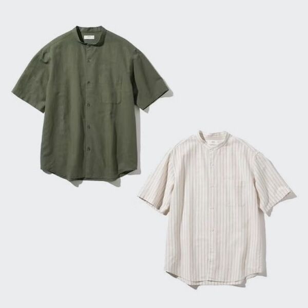 コットンリネンスタンドカラーシャツ/無地・コットンリネンスタンドカラーシャツ/ストライプ S UNIQLO