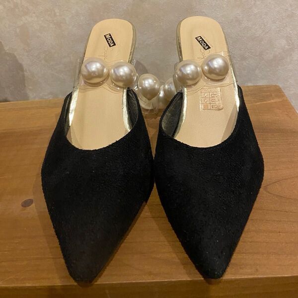 shein 人工パール デコレーション ミュール パンプス スエード 黒 37