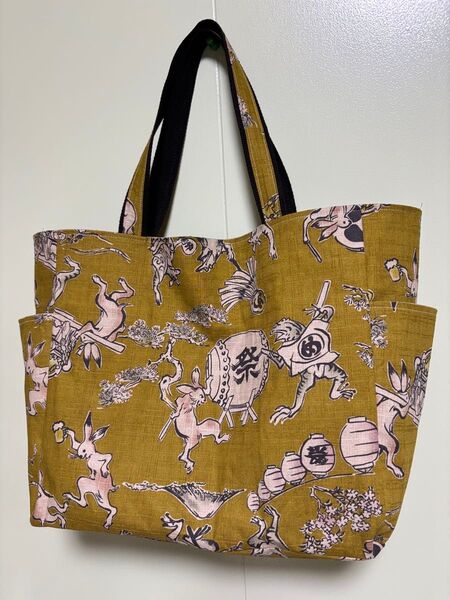 ハンドメイド サイドポケット大きめトートバッグ 祭り柄 和柄 肩掛けOK