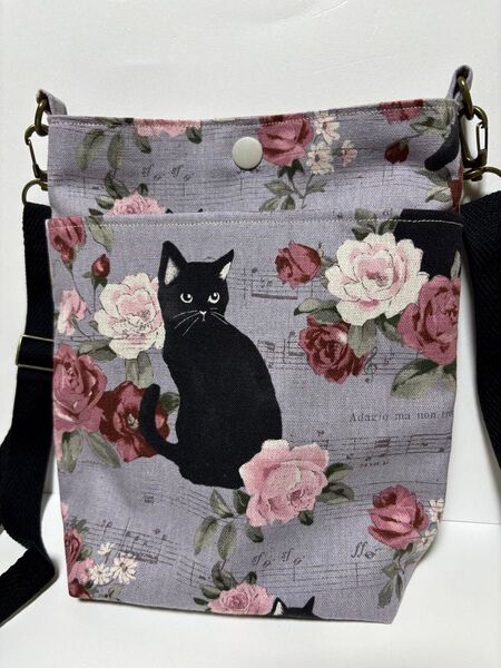 ハンドメイド ポシェット ショルダーバッグ 黒猫×花柄