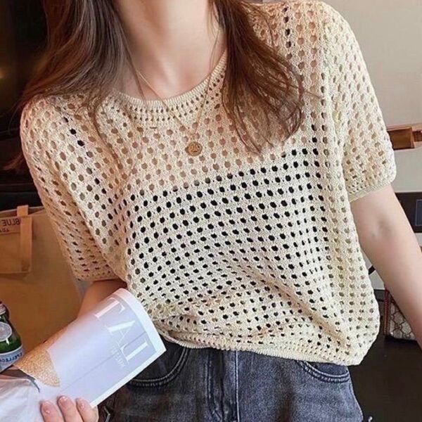 ★残り1点★【アイボリー】薄手ニット メッシュ トップス 半袖 衣装 重ね着 インナー①