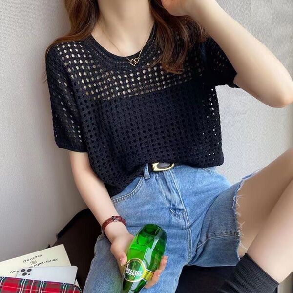 ★残り1点★【ブラック】薄手ニット メッシュ トップス 半袖 衣装 重ね着 黒 インナー