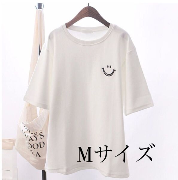 レディース 半袖 Tシャツ 白 スマイル M 白T シンプル 可愛い 着痩せ ホワイト かわいい