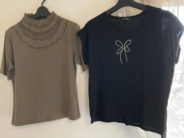 半袖カットソー フリル シースルー ビジュー 緑 黒 2枚セット まとめ売り Mサイズくらい