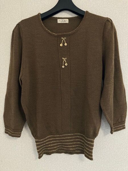 7分袖 カットソー ニット Mサイズくらい ブラウン さくらんぼ柄 ELEMI
