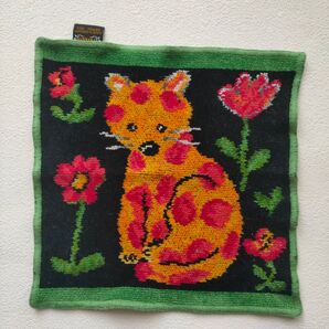 フェイラー FEILER ドイツ製 シュニール織り 猫と花の刺繍ハンカチ